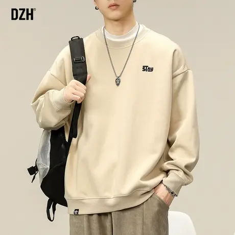 男士杏色重磅卫衣男圆领美式春秋季潮牌男装2023新款长袖无帽上衣商品大图