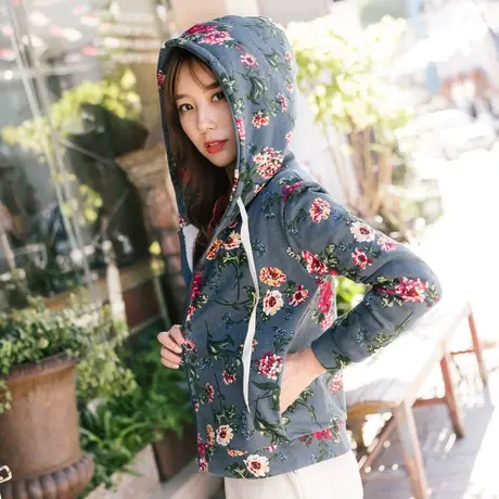 桔熊春秋季韩版甜美花朵磨毛圈带帽卫衣连帽小外套少女大码EA2102图片