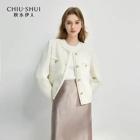 【添添kindiy】秋水伊人圆领H型短外套女休闲简约白色短上衣图片
