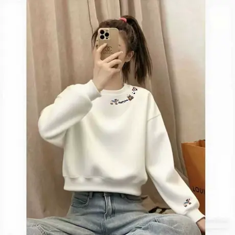 2025秋冬季新款设计感白色短款加绒重磅卫衣女高腰爆款小个子上衣商品大图