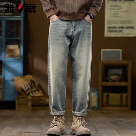 雅鹿2026春季新款复古时尚磨白微锥牛仔长裤男港风潮流百搭直筒裤图片