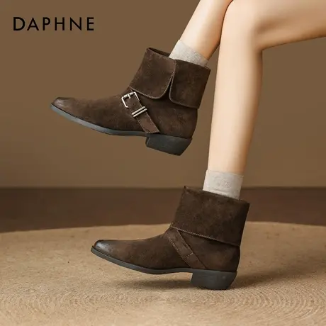 达芙妮复古短靴女2025秋冬新款法式尖头绒面瘦瘦靴英伦风马丁靴图片