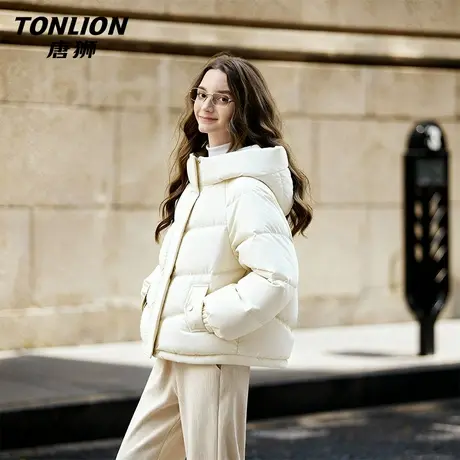 唐狮官方白色羽绒服女款冬季2026新款女士短款连帽保暖棉袄外套VB商品大图