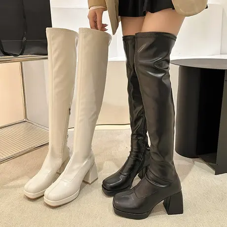 白色过膝长筒靴女2023年秋新款粗跟防水台高筒靴小个子百搭弹力靴商品大图