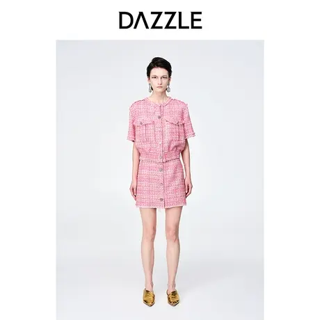 DAZZLE地素 奥莱小香风优雅羊毛混纺粗花呢短袖外套上衣女图片