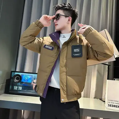 美式工装男士立领拼色棉服冬季新款个性贴标潮牌加厚棉衣街头外套图片