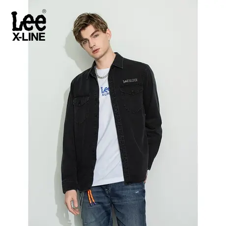 Lee XLINE舒适版复古牛仔风刺绣logo黑色男长袖牛仔衬衫休闲潮流图片