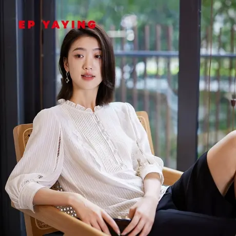 [真丝系列]EP雅莹女装 镂空拼接灯笼袖立领衬衫2023新款2323A商品大图