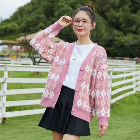 唐狮秋冬开衫毛衣外套女粉色菱格针织衫可爱毛衣线衫百搭小众图片