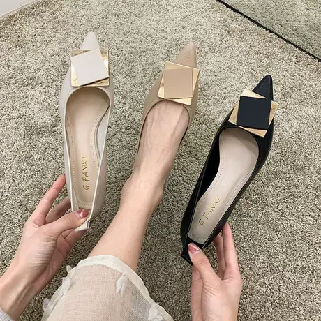 尖头纯色浅口套脚船鞋2023年春季新款时尚百搭韩版粗跟方扣单鞋潮商品大图