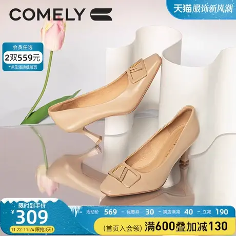 康莉单鞋女羊皮春季新款方扣真皮法式方头时尚细跟金属扣高跟鞋图片