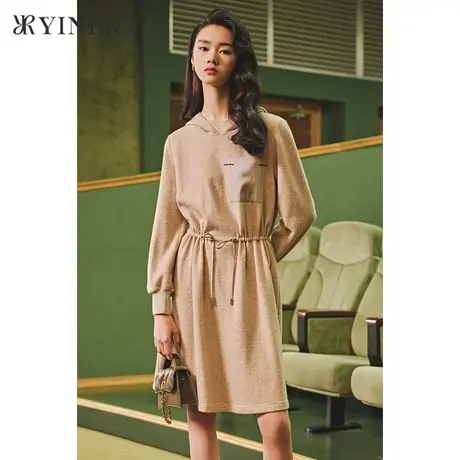 YINER音儿女装冬季羊毛混纺抽绳连帽连衣裙图片