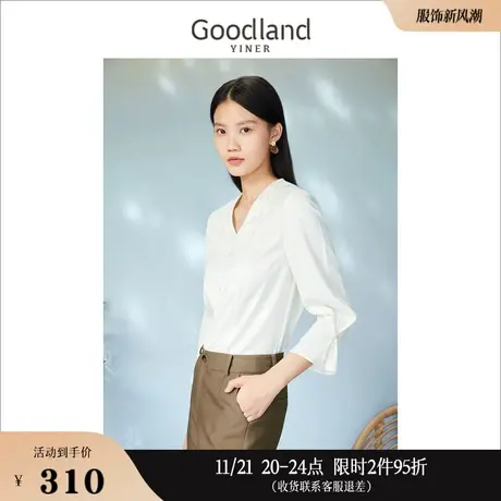 Goodland美地女装2023春季波段手工钉珠设计感白色衬衫上衣商品大图