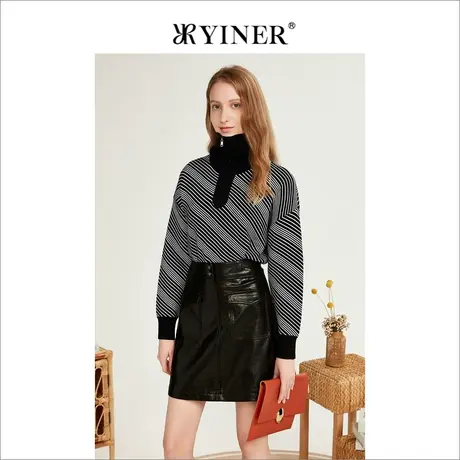 YINER音儿线上专选女装冬季设计感羊毛混纺针织衫套头斜条纹上衣商品大图