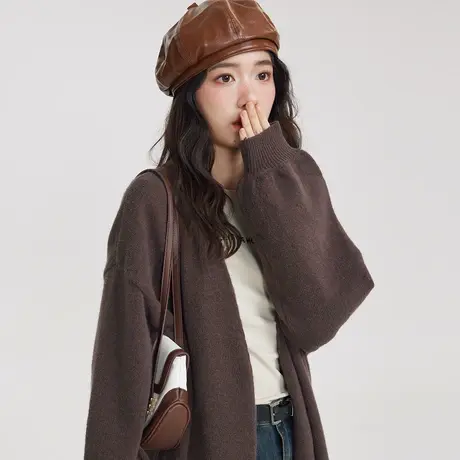 尔给复古中长款宽松慵懒风开衫毛衣外套女2023新款春秋小个子外穿商品大图