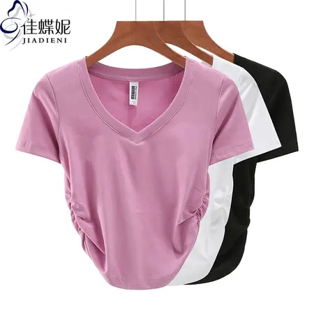 夏季韩版V领修身纯色褶皱纯白短款纯欲短袖上衣内搭女装T恤高腰图片