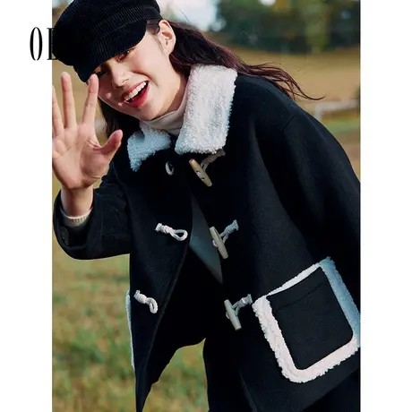 Oece复古短款毛呢外套秋冬季新款女装羊毛呢牛角扣大衣商品大图