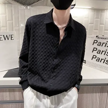 夏季男衬衫长袖宽松套头格子纯色时尚潮牌发型师长袖休闲潮流衬衣商品大图