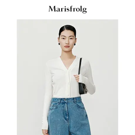 【真丝轻工艺】玛丝菲尔毛衣秋季新款桑蚕丝白色V领针织开衫女商品大图