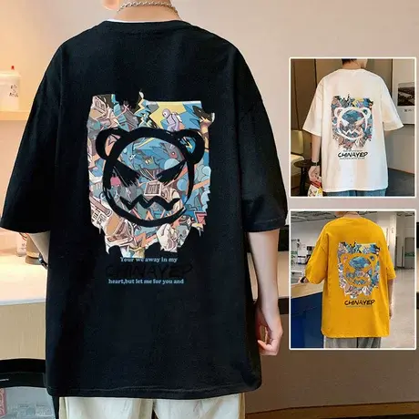 夏季纯棉男士短袖t恤潮流港风小恶魔笑脸2024新款潮ins宽松上衣服商品大图