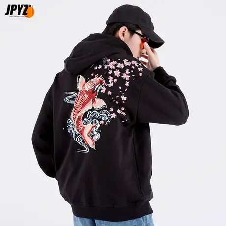 中国风重工刺绣鲤鱼纯棉宽松民族风黑色加厚加绒连帽卫衣国潮外套图片