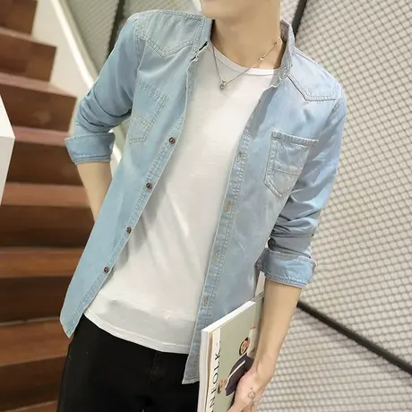 2023春季新款牛仔衬衫男长袖修身韩版衬衣男帅气外套时尚潮流衣服商品大图