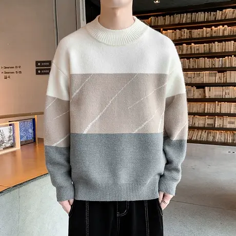 圆领毛衣男秋冬款潮流加绒加厚宽松长袖打底衫青少年毛线衣针织衫商品大图