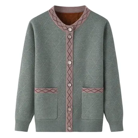 中老年人女妈妈秋装圆领毛衣外套加绒加厚针织开衫奶奶保暖衣服冬图片