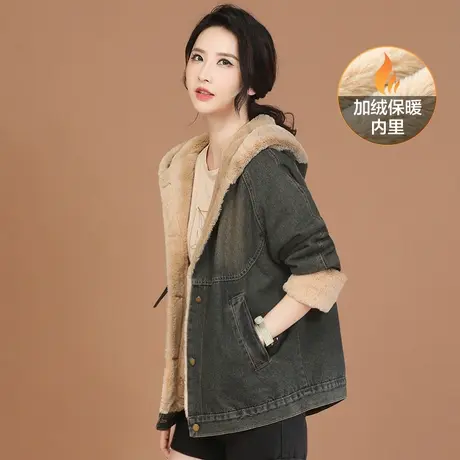 韩潮袭人复古加绒连帽牛仔外套女2023冬新款宽松时尚加厚保暖上衣图片