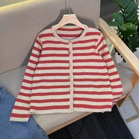 红色条纹开衫毛衣外套女秋冬2023新款洋气宽松加厚针织上衣女外穿图片