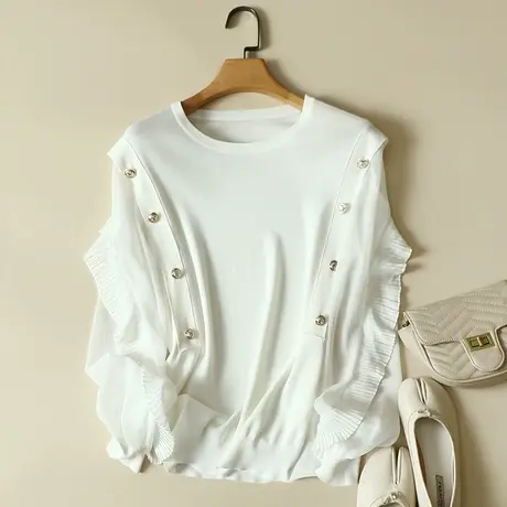 清仓！冰丝针织衫春装女2024年新款长袖宽松雪纺衫上衣洋打底衫女商品大图