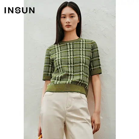 INSUN恩裳线上专选春季千鸟格提花羊毛短袖针织衫商品大图