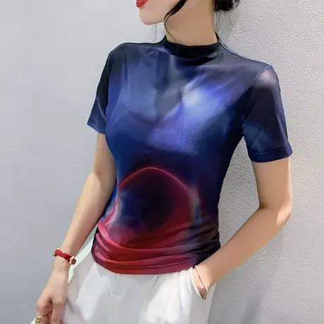 欧货时尚印花T恤女短袖2024秋季新款性感网纱上衣修身半高领小衫图片