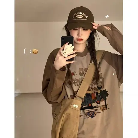 插肩袖小众爆款T恤女秋冬印花设计美式复古拼接设计感长袖盐系ins商品大图