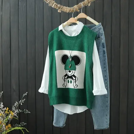 文艺范提花圆领套头针织马甲女背心春秋新款无袖毛衣坎肩打底上衣商品大图