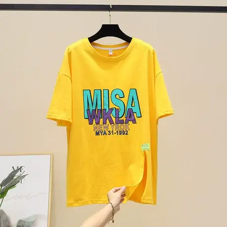 2023夏新款宽松大版休闲内搭打底衫女短袖印花开叉T恤上衣体恤潮商品大图