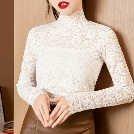 蕾丝半高领打底衫女2022秋冬内搭长袖T恤洋气百搭上衣网纱蕾丝衫商品大图