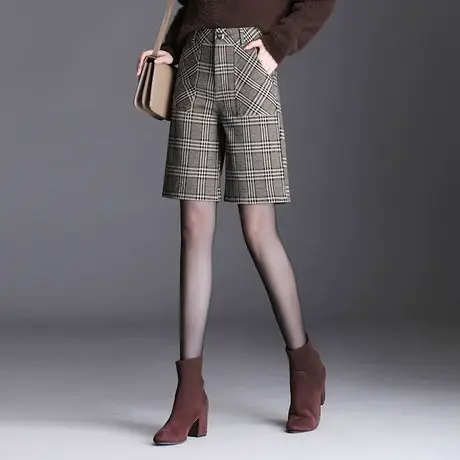 毛呢短裤女秋冬季通勤五分格子西装裤2023新款高腰显瘦休闲阔腿裤商品大图