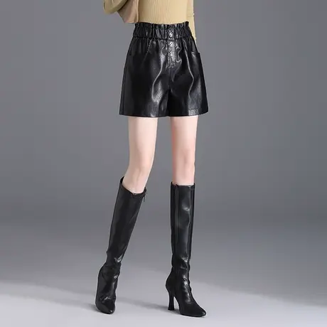 PU皮A字皮短裤女外穿松紧腰遮胯显瘦百搭时尚阔腿裤2023秋冬新款商品大图