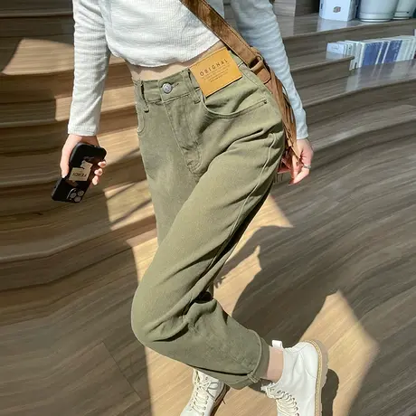 直筒牛仔裤女春秋季2023年高腰显瘦卷边哈伦宽松萝卜军绿色老爹裤图片