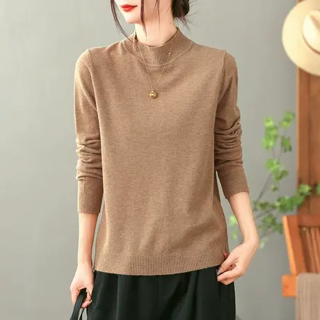 dza 复古半高圆领针织衫女士秋冬纯色上衣洋气打底衫休闲宽松毛衣图片