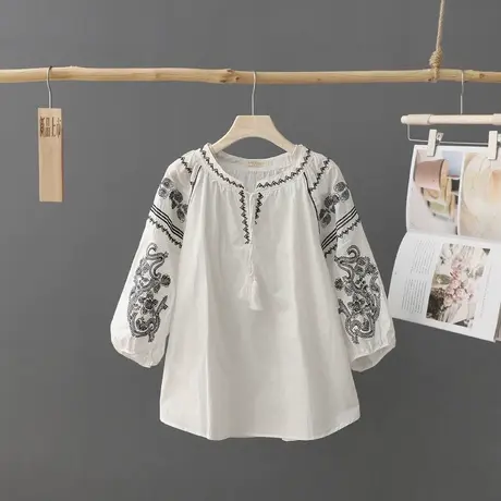 复古文艺刺绣上衣七分袖民族风短袖t恤女圆领套头春秋体恤衫女装商品大图