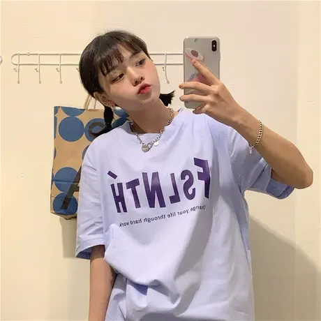 港风ins潮2023新款韩版百搭宽松字母慵懒风短袖纯棉T恤女半袖上衣商品大图