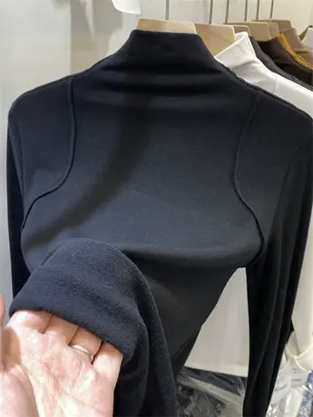 欧货半高领加绒打底衫女秋冬内搭新款洋气显瘦上衣磨毛薄绒t恤女商品大图