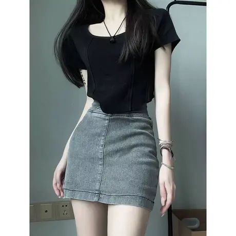 高腰短款露脐半袖T恤女夏天韩版小个子百搭修身显瘦鱼骨短袖上衣商品大图