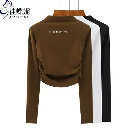 早春新款韩版半高领印花纯色修身短款褶皱纯棉长袖体恤上衣内搭女图片