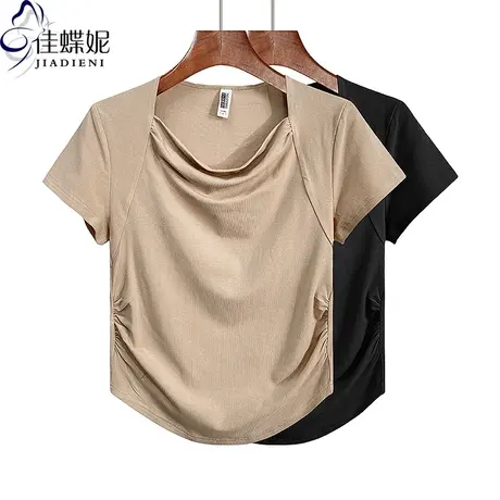 夏季新款方领性感纯欲纯棉修身短款褶皱纯色短袖体恤上衣女打底衫商品大图