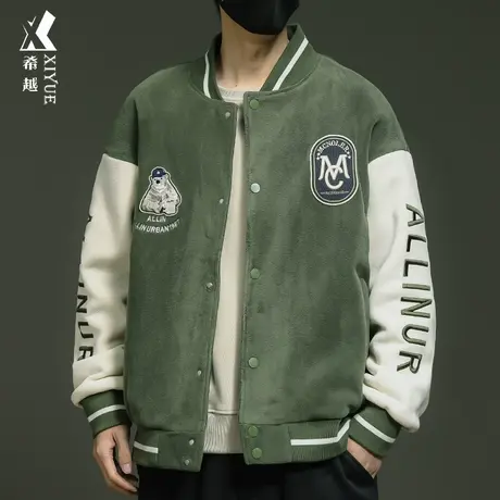 希越奥粒绒美式棒球服男冬季新款潮牌宽松大码加厚棉服青少年外套商品大图