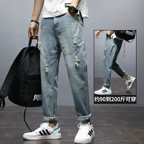 春季拼接乞丐破洞牛仔裤直筒宽松潮牌男裤子男士九分休闲裤青少年商品大图