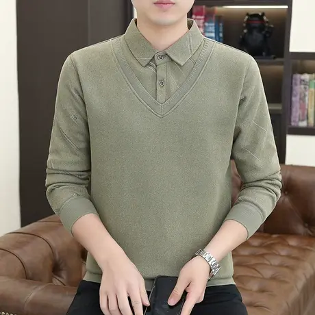 2023秋冬季衬衫领毛衣男士假两件加绒加厚休闲条纹带假领子针织衫商品大图